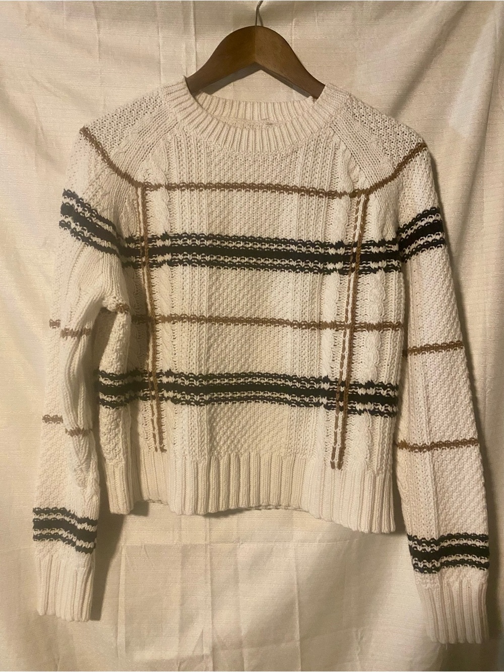Cream Striped Chunky Knit Sweater Preppy Minimalist Coquette Cotton Blend